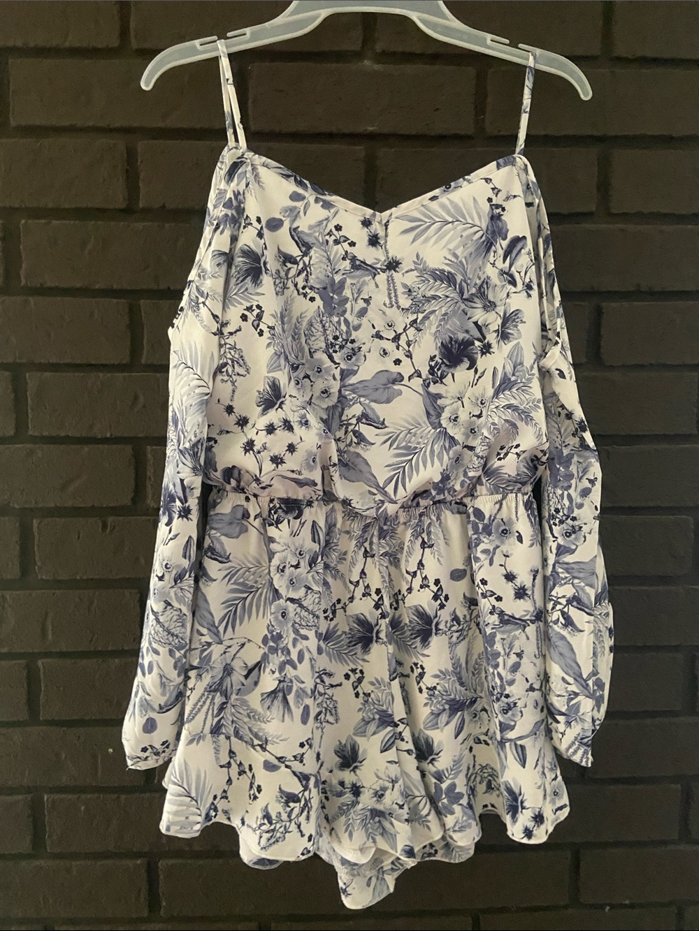 Altar'd State White and Blue Floral Cold-Shoulder Romper
